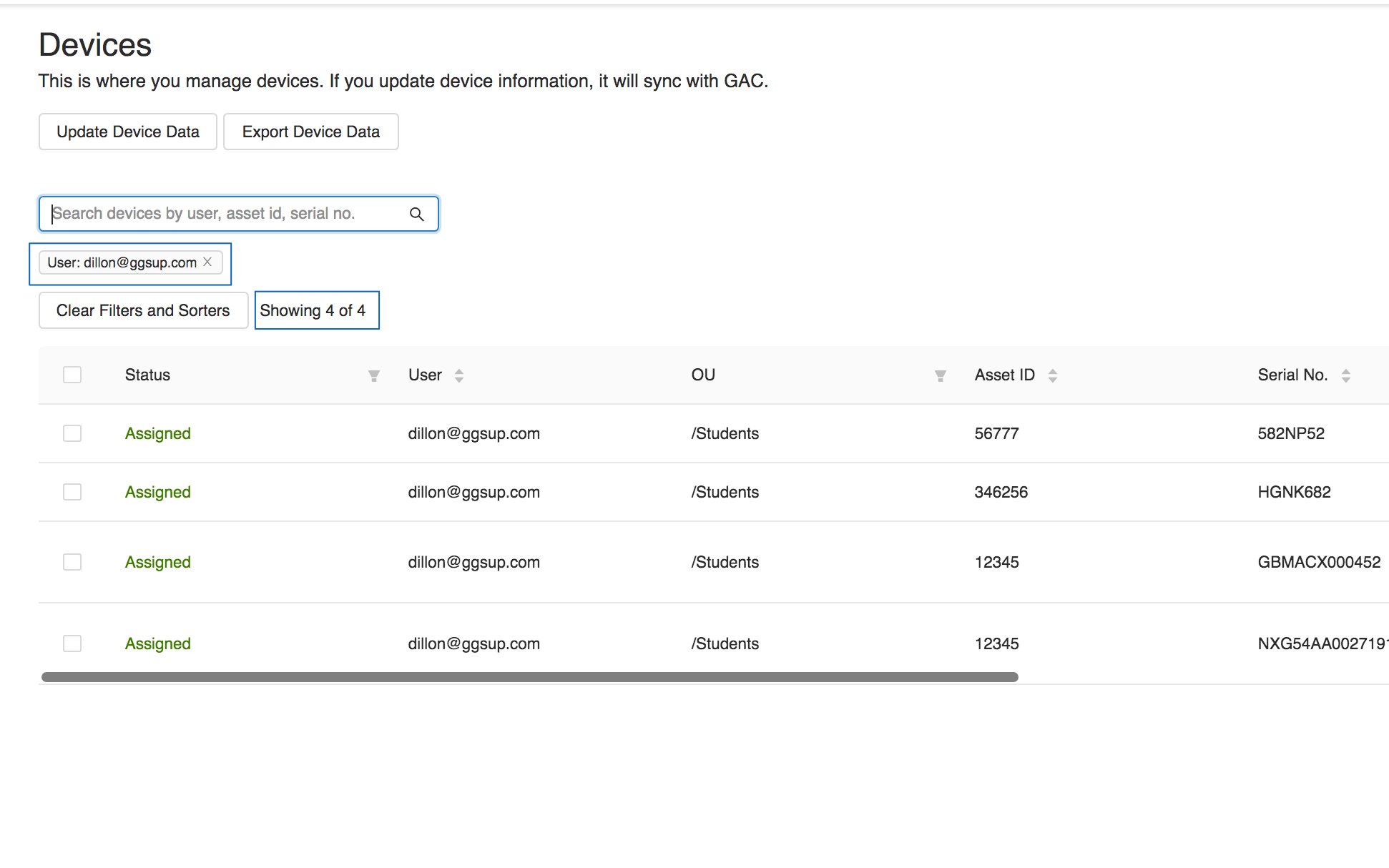 Devices. Search box: user email entered. Showing 4 of 4. Results for each device include: Status (assigned), User…