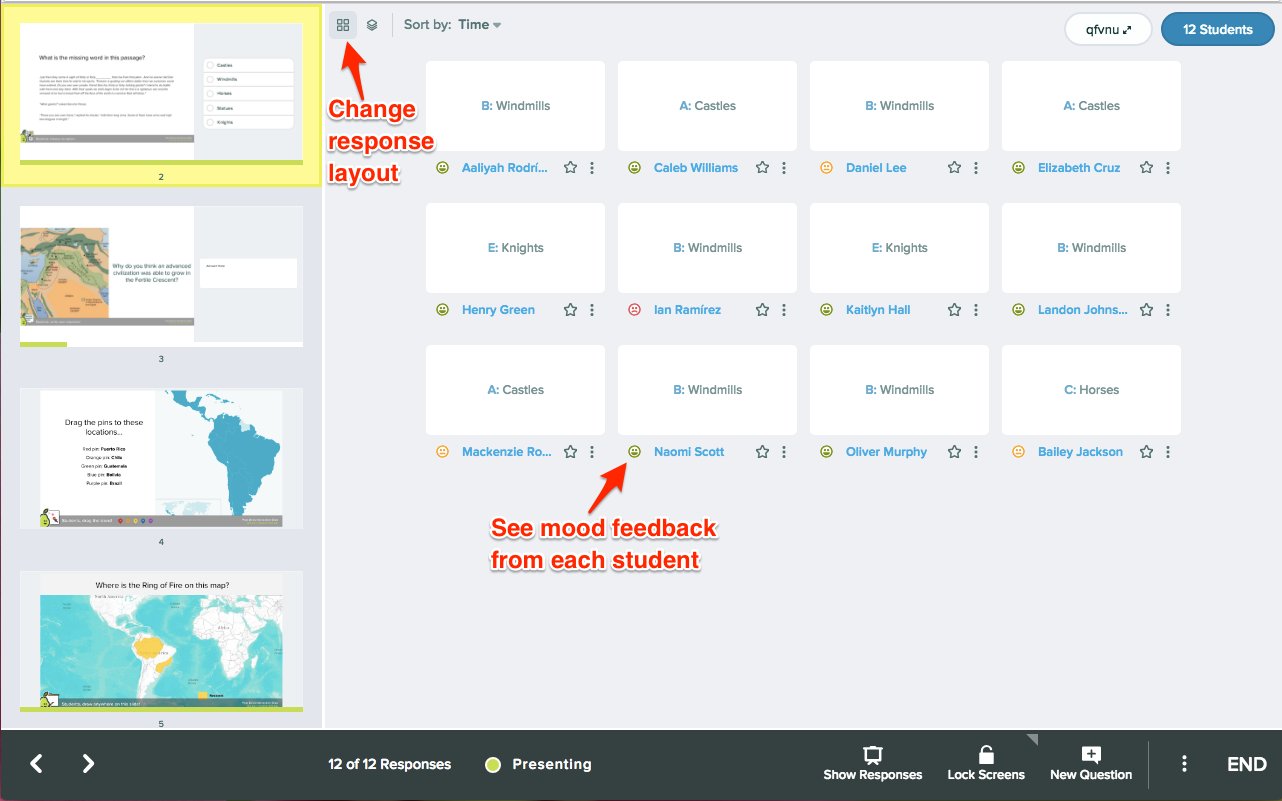 Screenshot of teacher dashboard with response layout type highlighted and list of responses showing