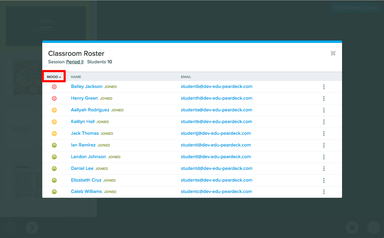 screenshot of classroom roster with mood highlighted