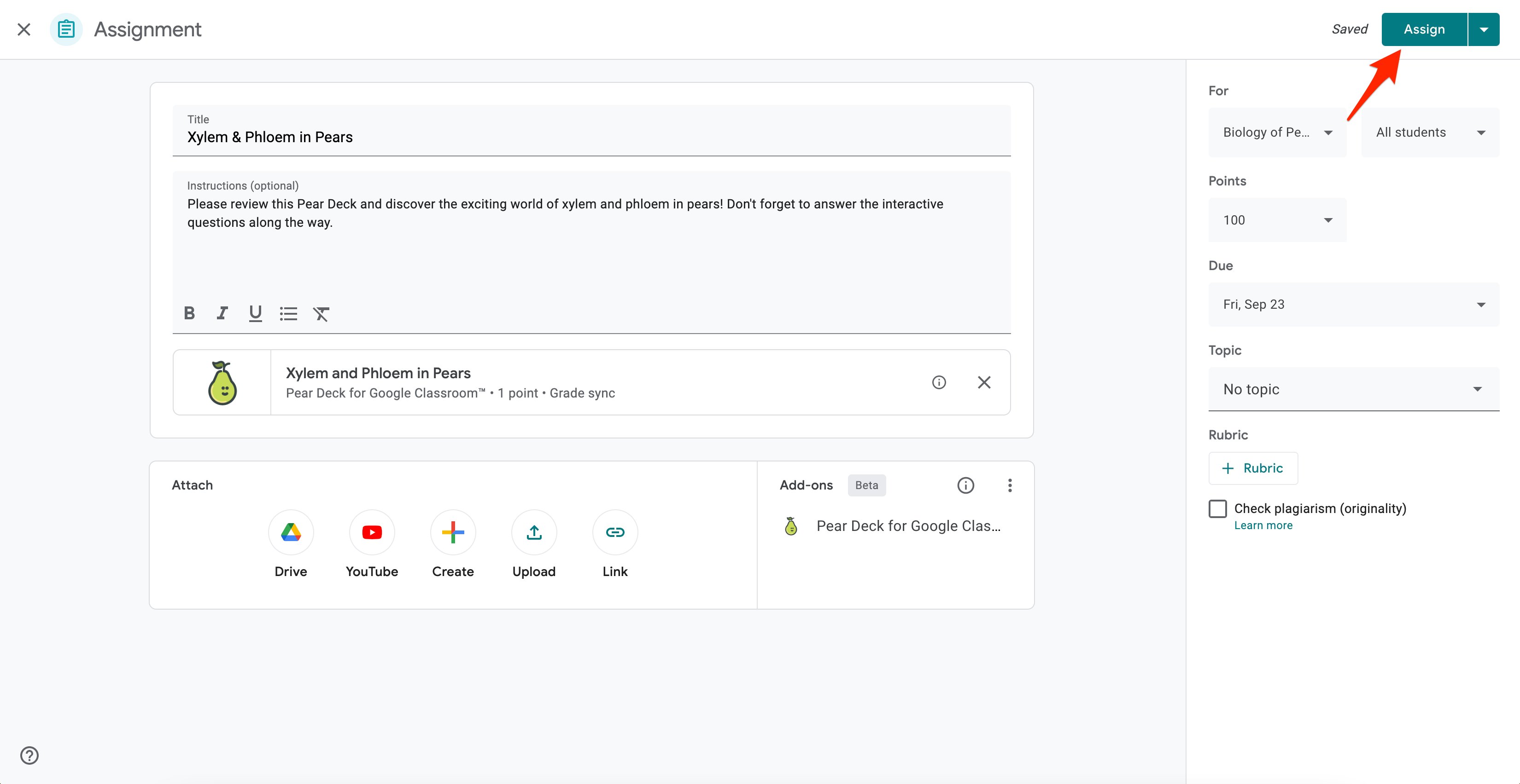 Google Classroom Assign lesson window