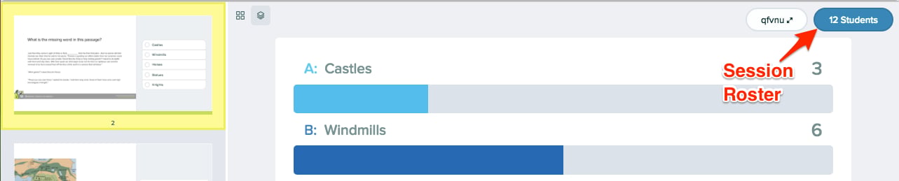 Cropped view of the teacher dashboard showing a red arrow pointing to the blue session roster button, which…
