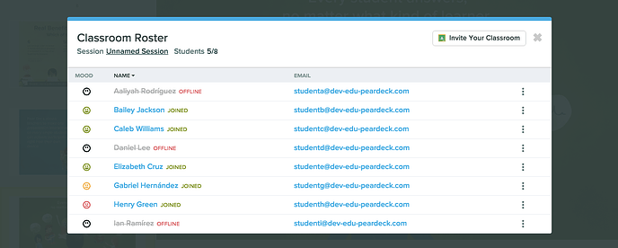 Class roster window showing a list of invited students. Students who have joined are indicated by the word joined in…