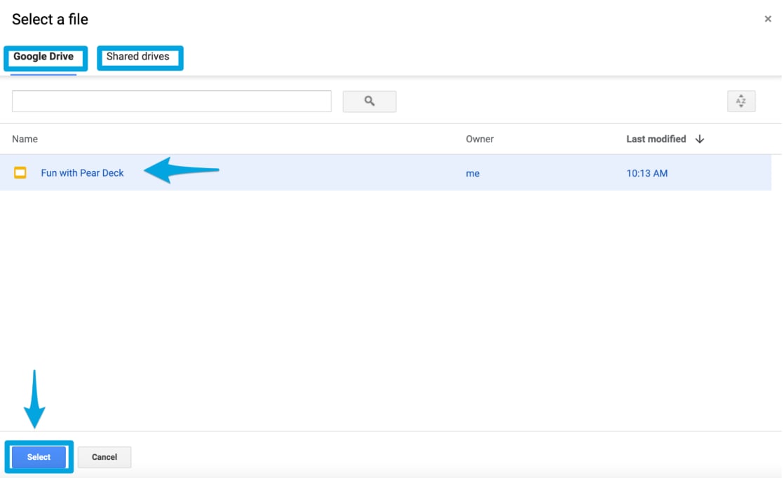 Google Drive file selection menu