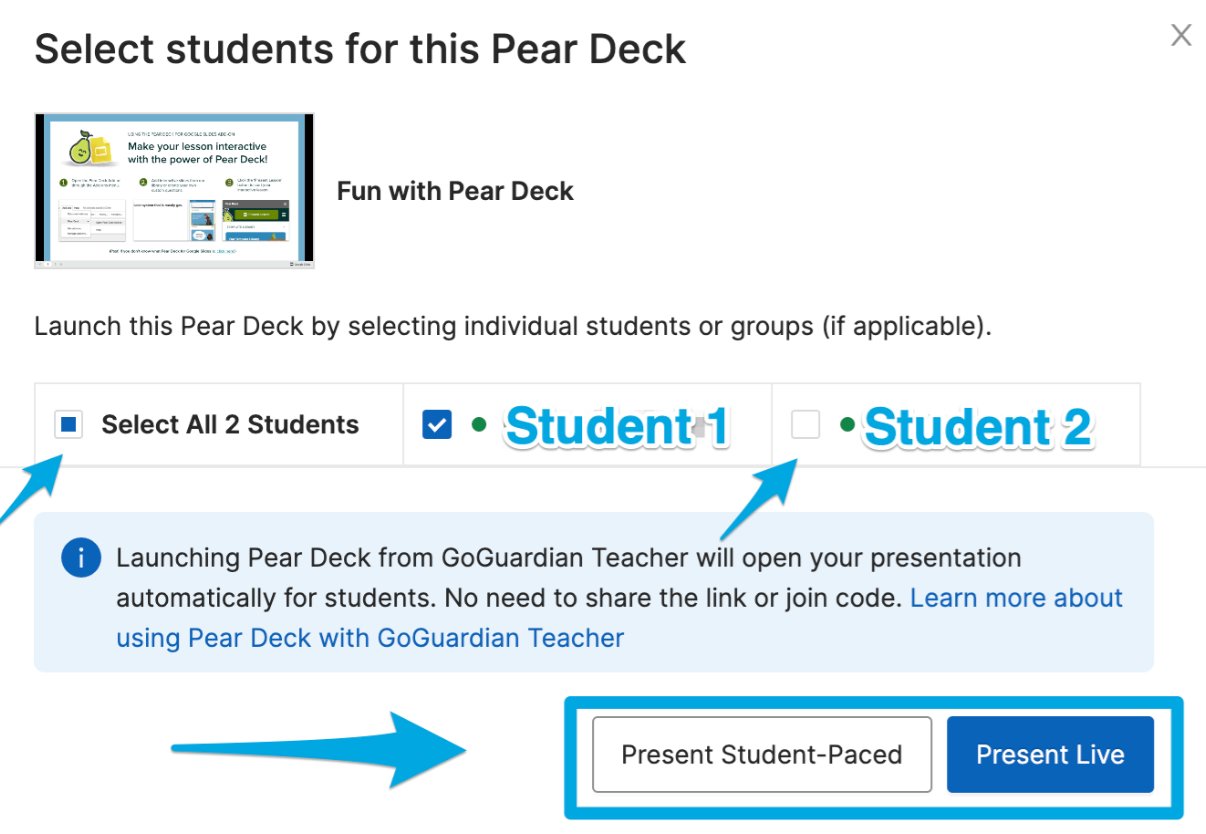 'Select students for this Pear Deck' menu