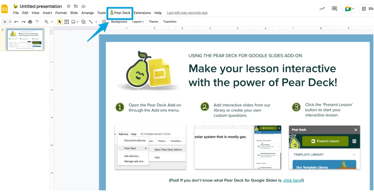 Google Slides deck highlighting the Pear Deck button