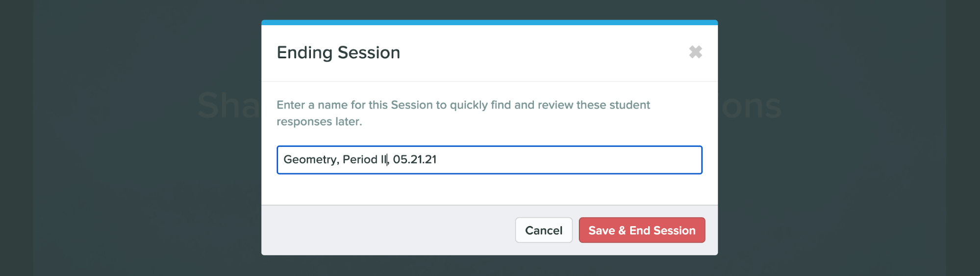Ending session modal, with name, cropped