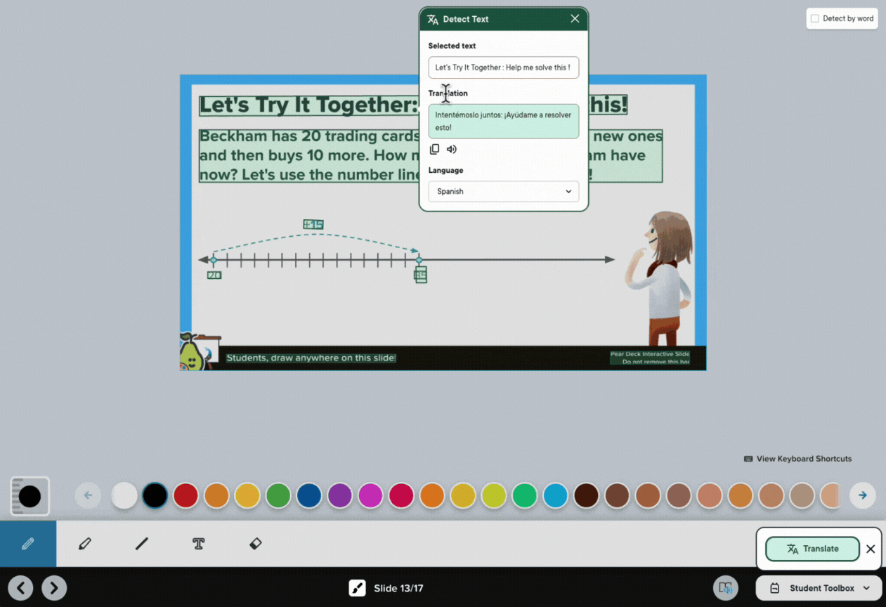 The Translate tool shows selected slide text and a language menu