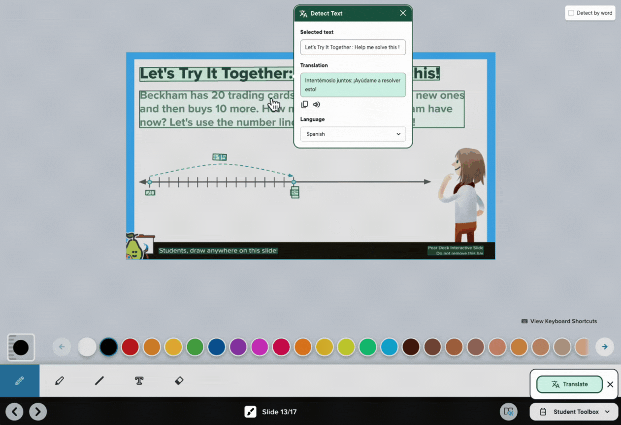 The Translate tool displays translated text in Student View