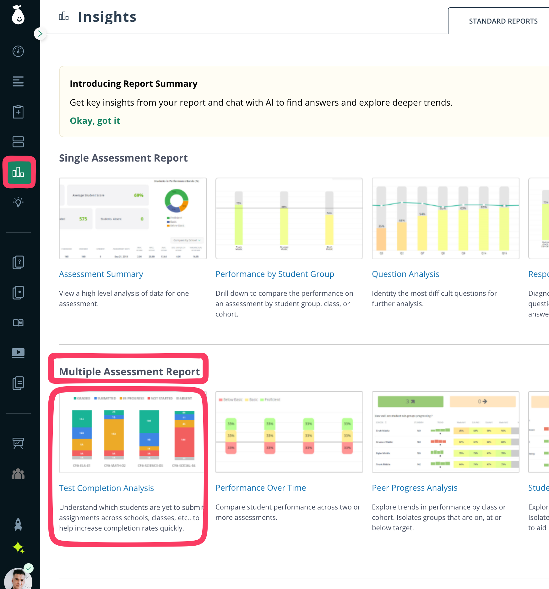 Insights page with the Multiple Assessment Report section and Test Completion Analysis card highlighted