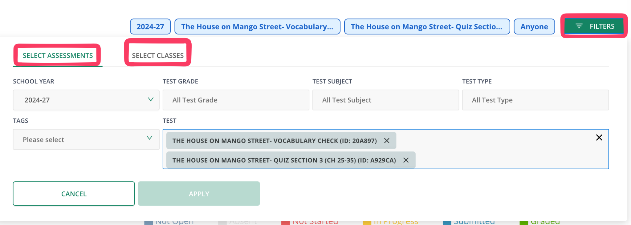 Filters panel with Select Assessments and Select Classes tabs and the Apply button