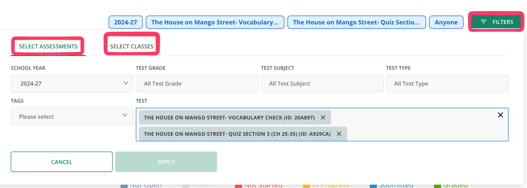 Filters panel with Select Assessments and Select Classes tabs and the Apply button