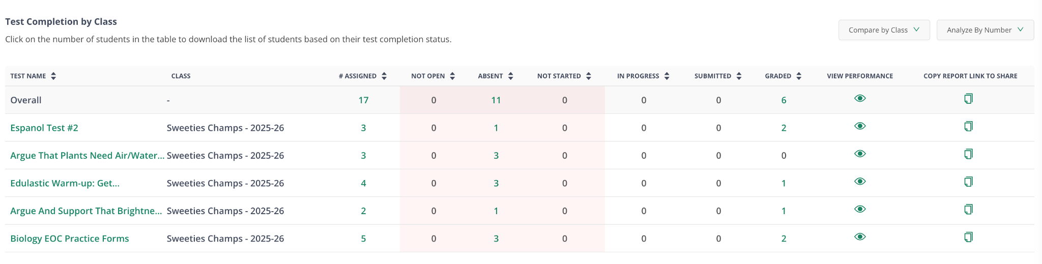 Test Completion by Class table with status columns and View Performance and Copy Report Link icons