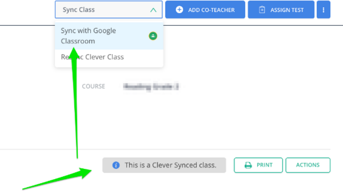 Pear Assessment Clever-synced class with Sync with Google Classroom selected from the menu inside the class