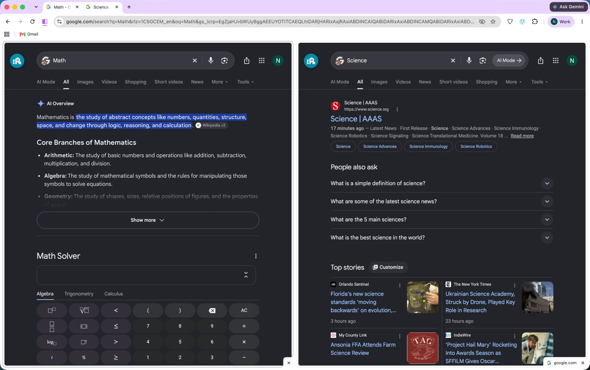 Student Chrome Split View with Math and Science pages displayed side by side