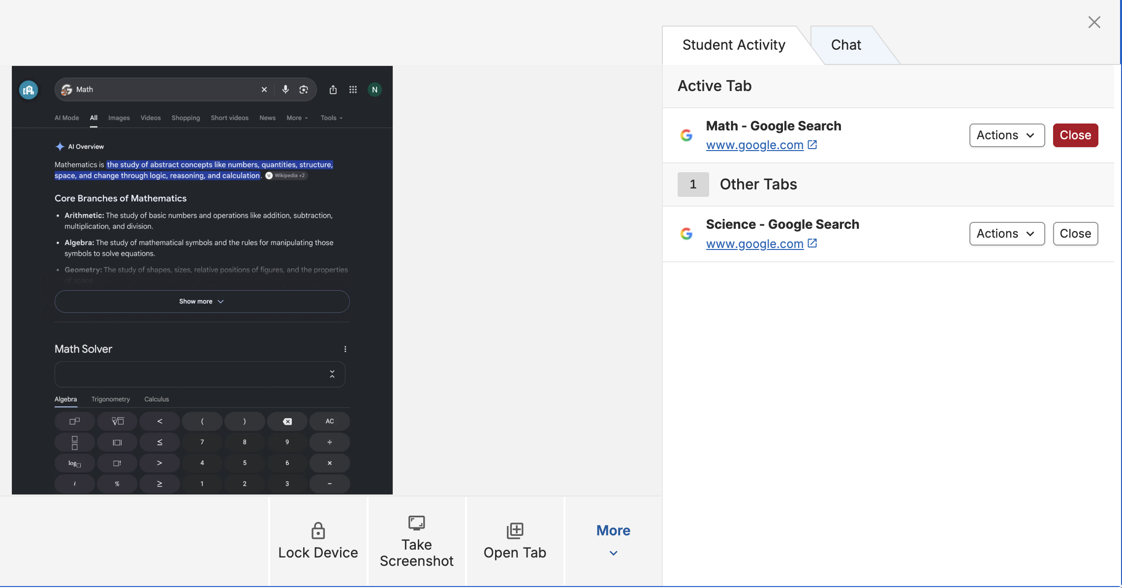 GoGuardian Teacher screen view showing the Math page and Student Activity listing Math as the Active Tab and Science under Other Tabs