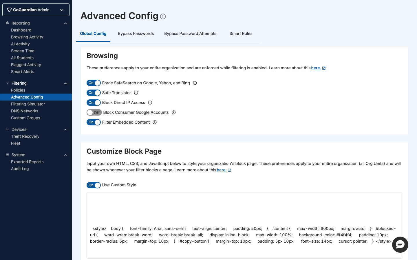 The Global Config settings page and UI in the Advanced Config section of GoGuardian Admin.