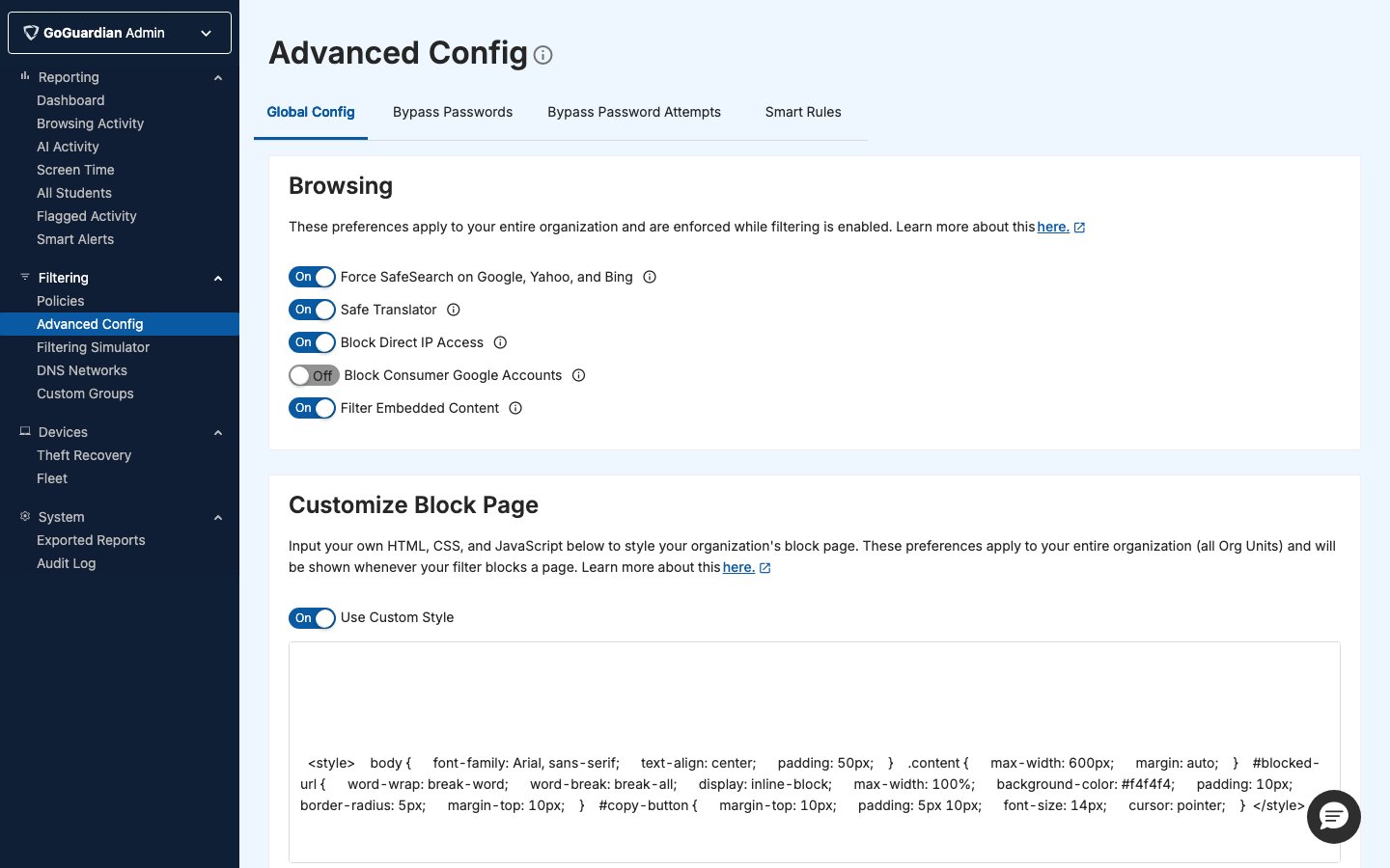 The Global Config settings page and UI in the Advanced Config section of GoGuardian Admin.