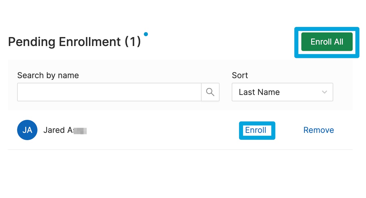 "Pending Enrollment" tab used to add "pending" students to a class
