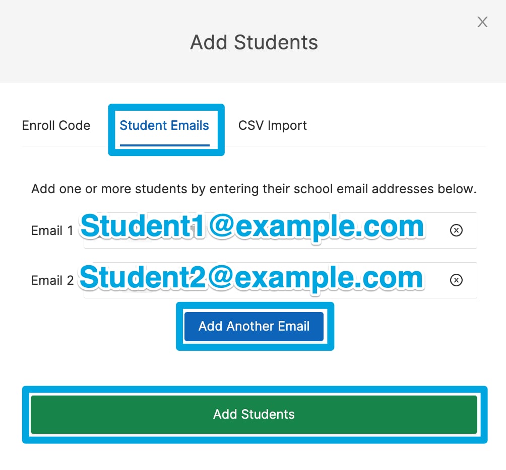 GoGuardian Teacher student enrollment modal highlighting the "Students Email" button