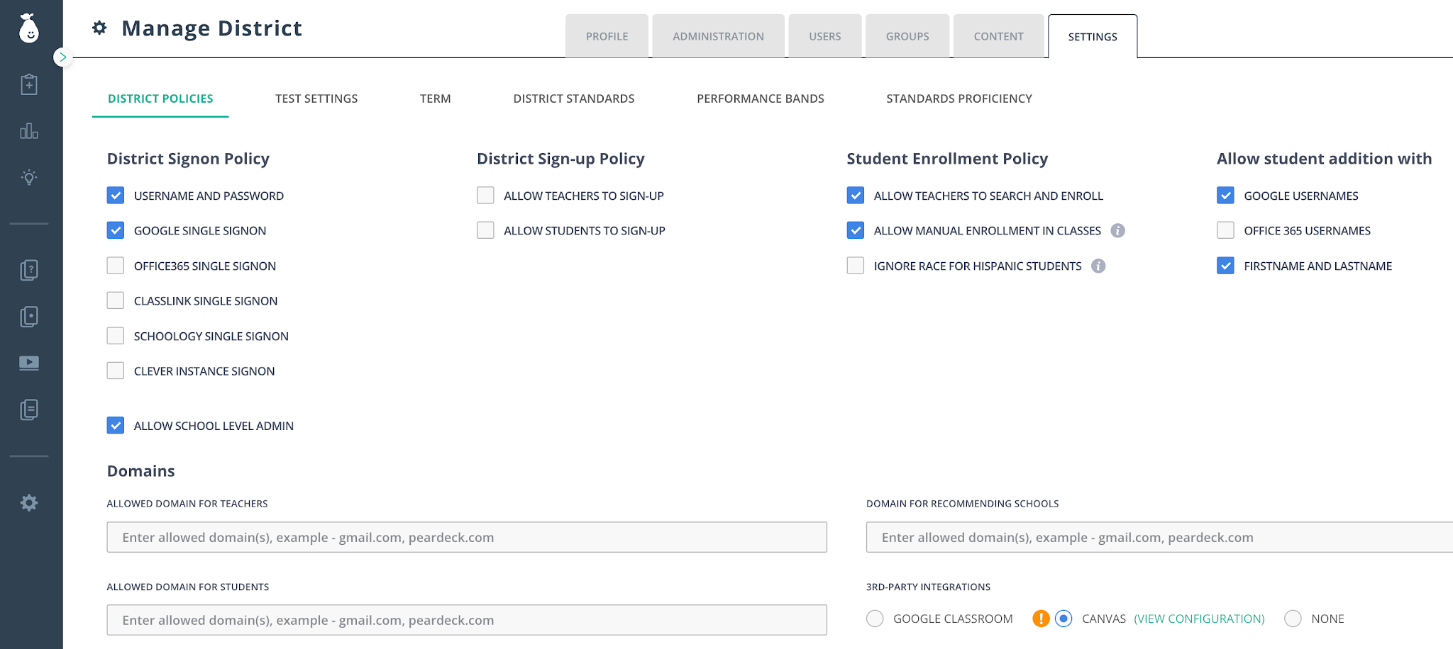 The Manage District settings page.