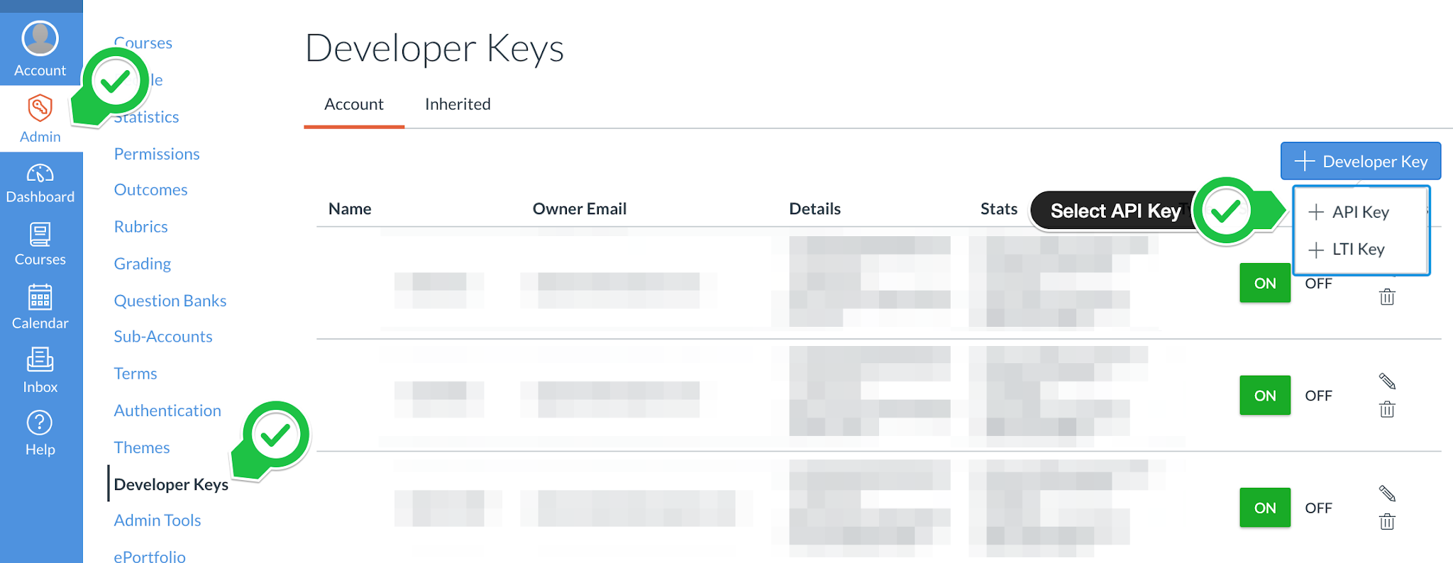 Selecting Developer Keys and creating an API key in Canvas.