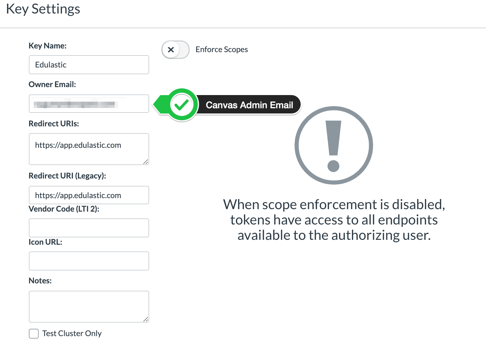 Entering the developer key values in Canvas.
