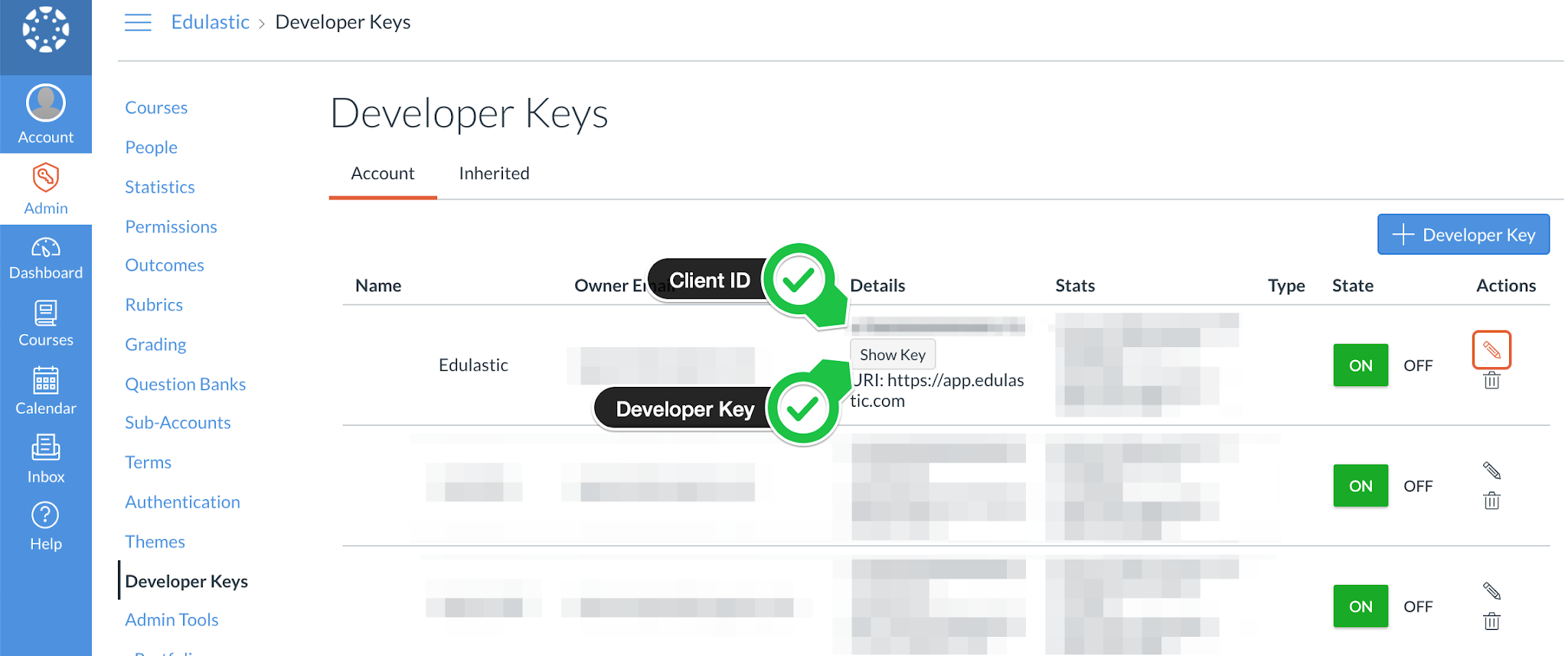 The Instance URL, client ID, and Developer Key generated by Canvas.