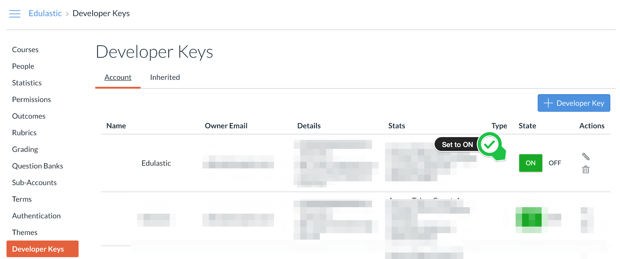 The Account tab in Developer Keys with Pear Assessment set to On.
