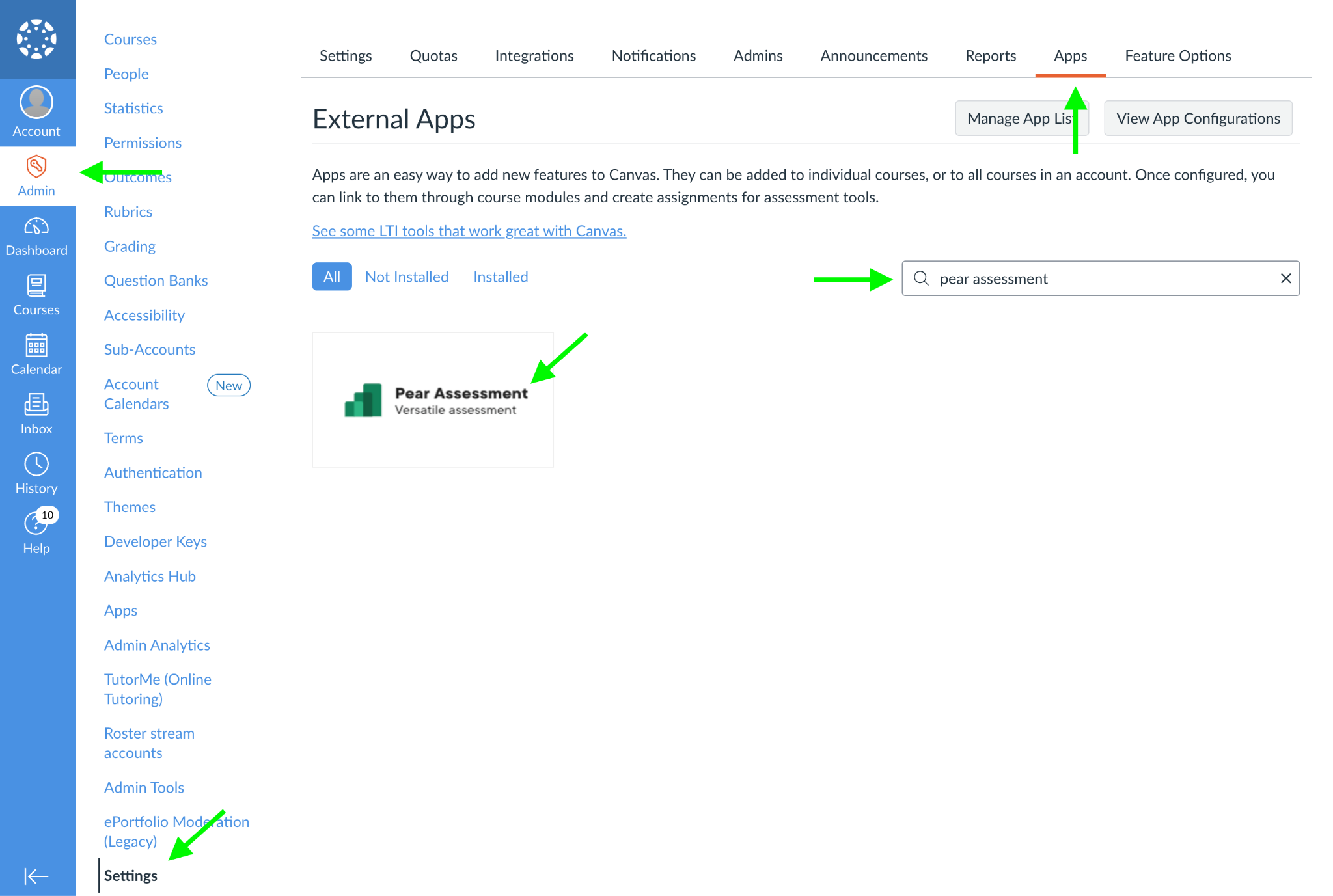 Finding the Pear Assessment app in the Canvas App Center.
