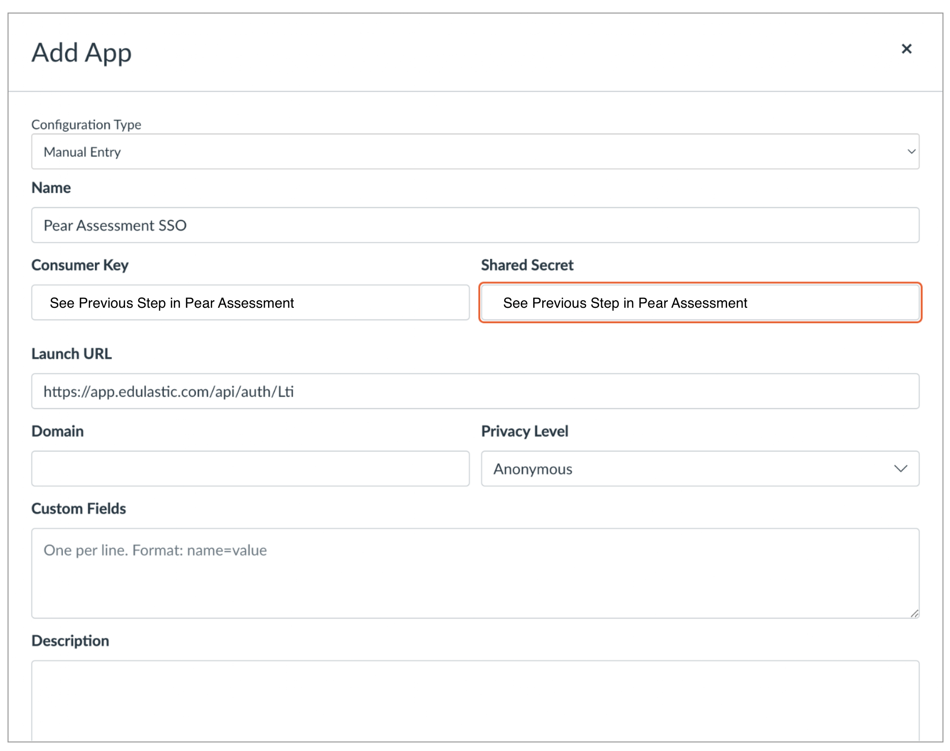 Entering the Consumer Key, Shared Secret, and Launch URL to install the app.