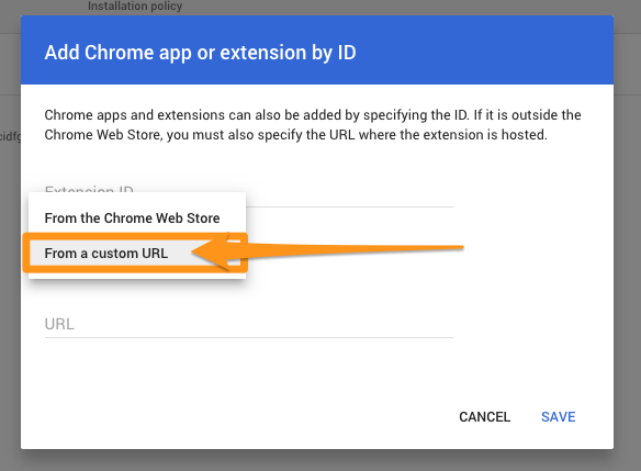 Google Admin Console Add Chrome app or extension by ID dialog with the From a Custom URL option highlighted