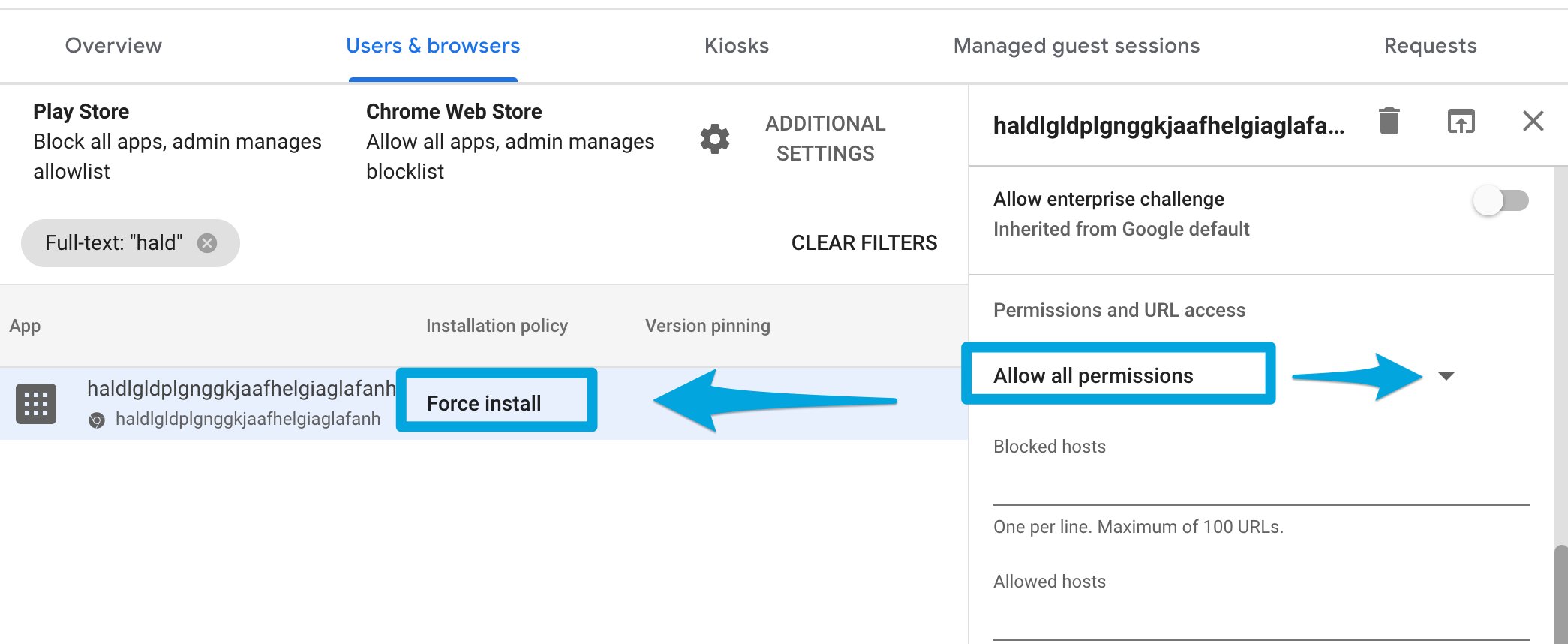 Google Admin Console extension row with Force Install selected as the installation policy and Allow all permissions selected under Permissions and URL access