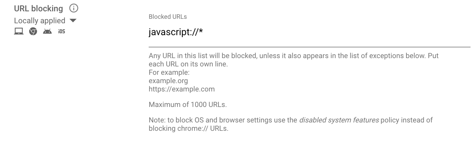 Google Admin Console Users & browsers settings showing the URL blocking policy with javascript://* added to Blocked URLs