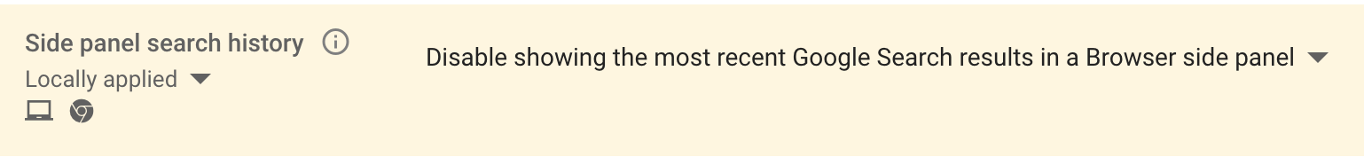 Google Admin Console Users & browsers settings showing the Side panel search history policy set to disable recent Google Search results in the browser side panel