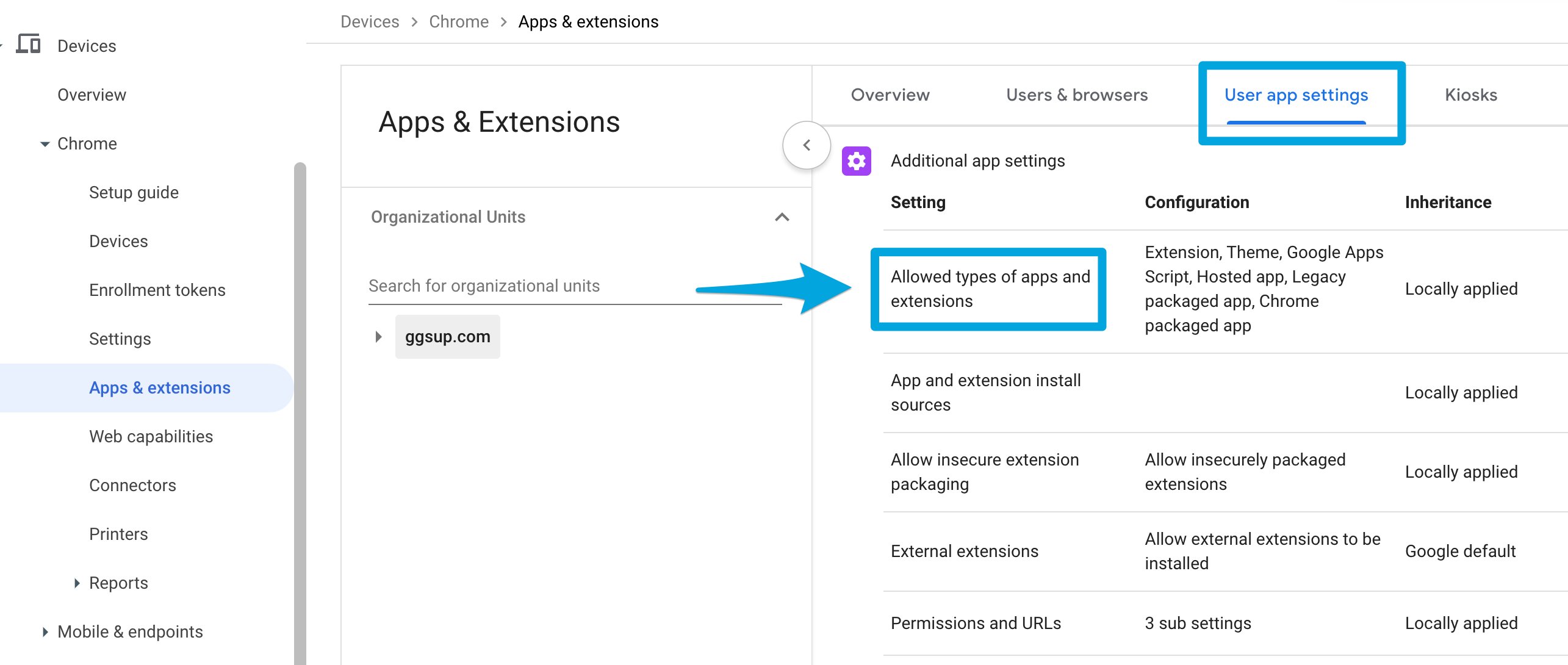 Google Admin Console Apps & Extensions User app settings tab with the Allowed types of apps and extensions setting highlighted