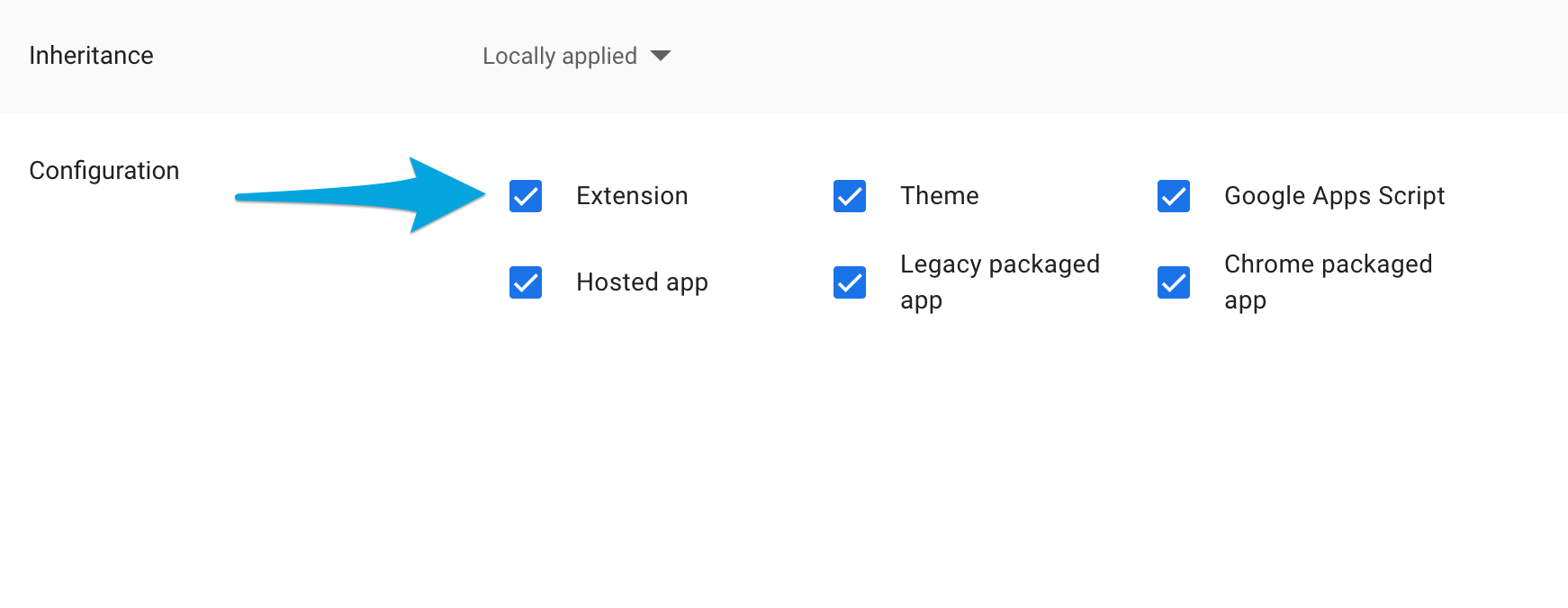 Google Admin Console Allowed types of apps and extensions setting with Extension, Theme, Google Apps Script, Hosted app, Legacy packaged app, and Chrome packaged app all checked