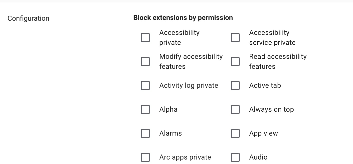 Google Admin Console Permissions and URLs settings showing the Block extensions by permission checklist