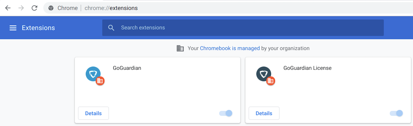 Chrome extensions page showing both the GoGuardian and GoGuardian License extensions installed and enabled on a managed Chromebook