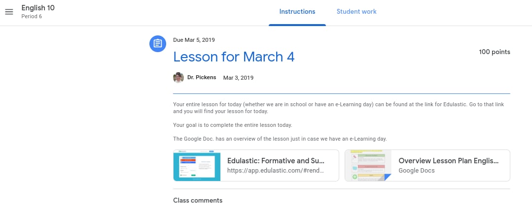 Google Classroom dashboard view of a Pear Assessment assignment.