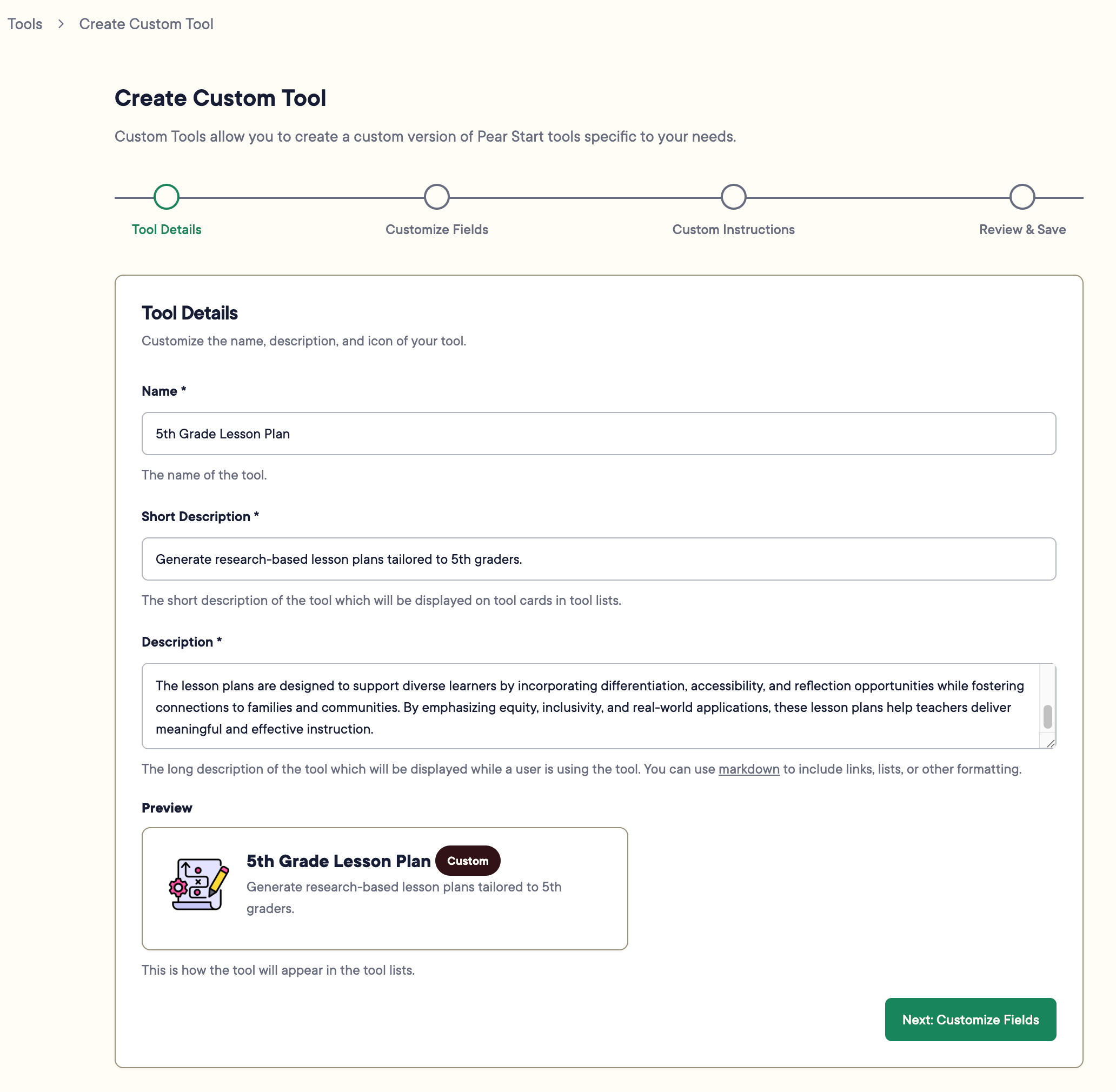 View of the "Tool Details" screen when creating a custom tool.