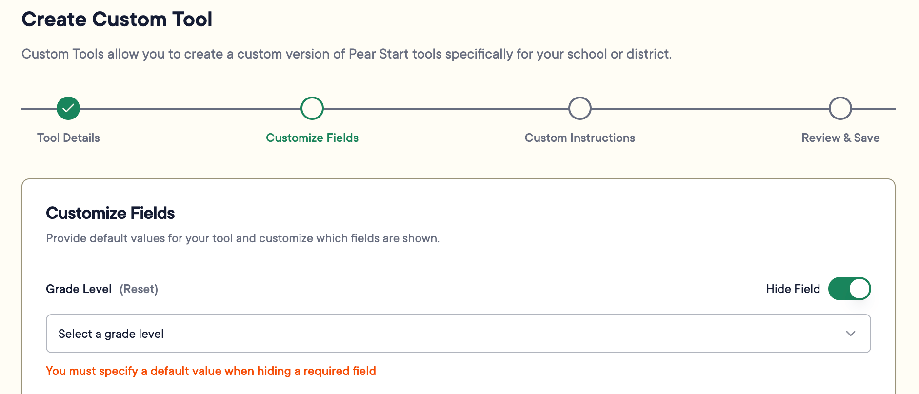 Message indicating a default value must be set for a hidden field.