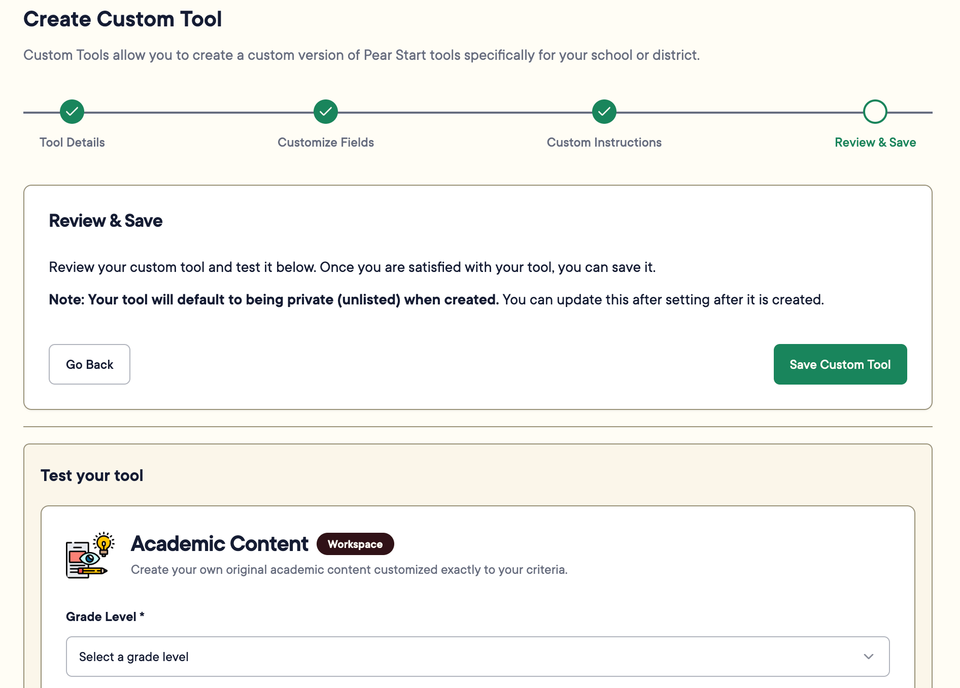 The "Save Custom Tool" screen where users can preview their tool by generating content and then save it.