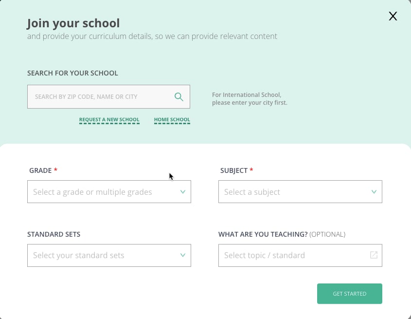 Select School, Grade, Subject and Standard Sets