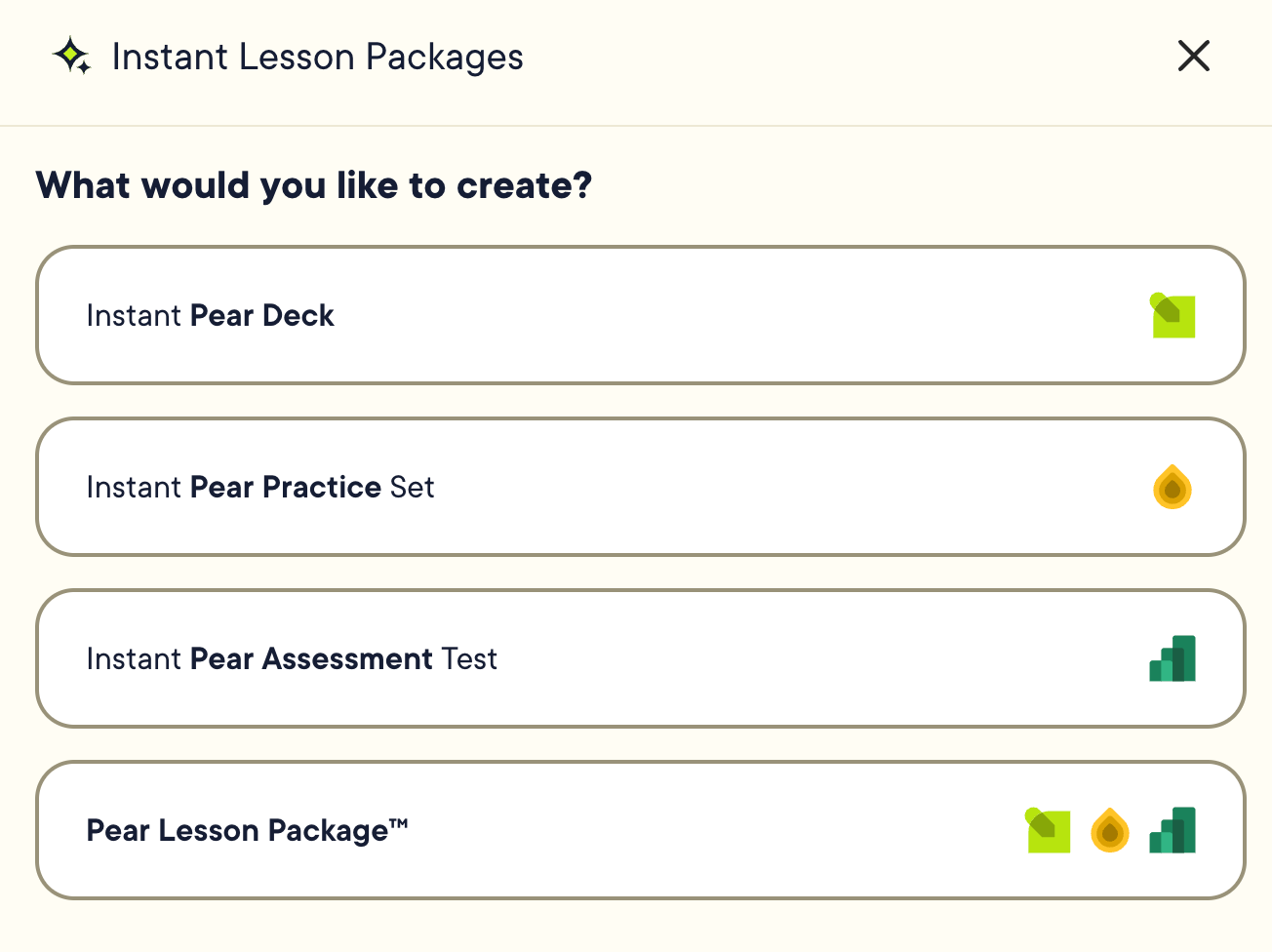 View of the available Instant Lesson Packages.