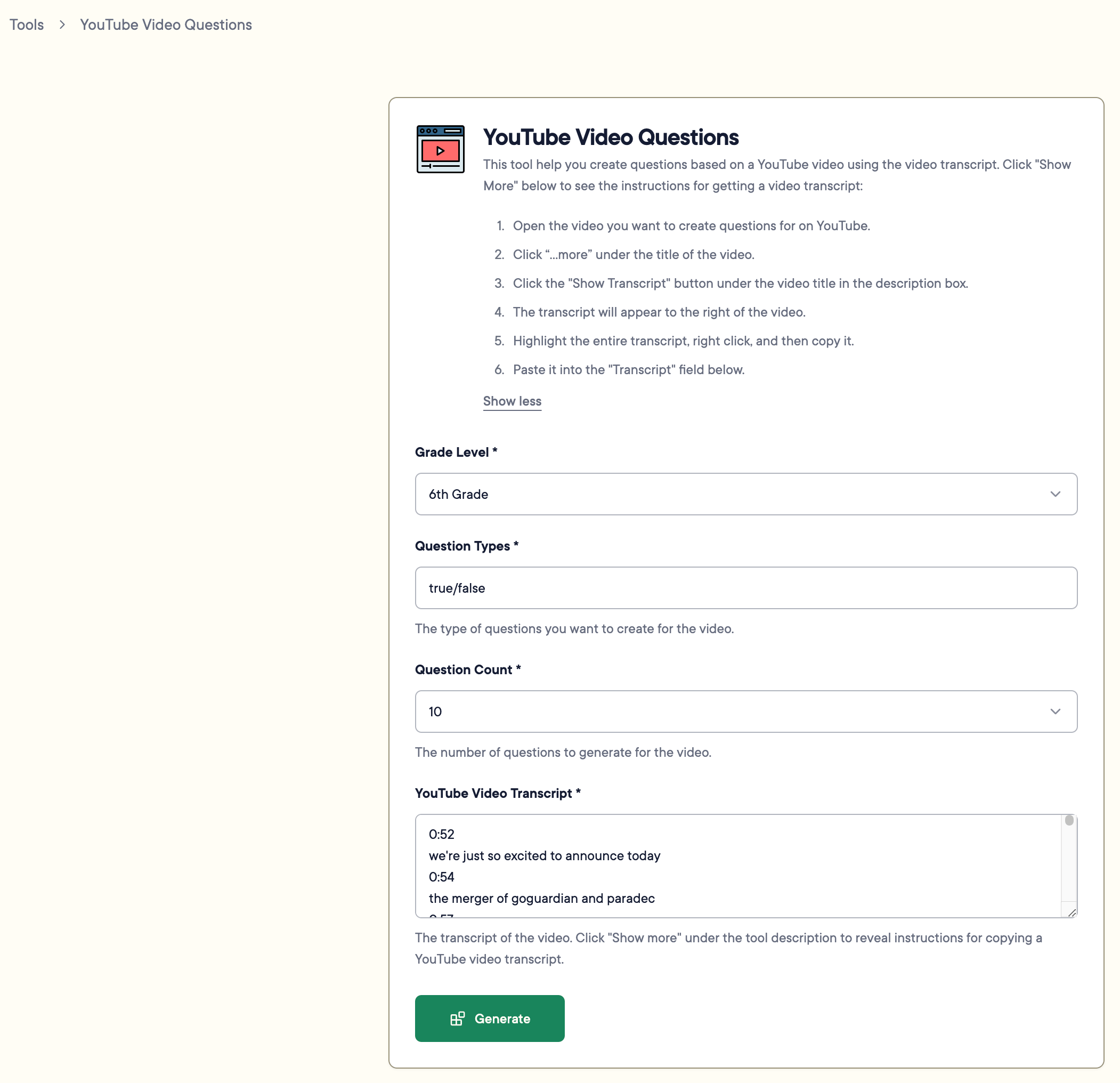 Example of generated questions from the transcript.