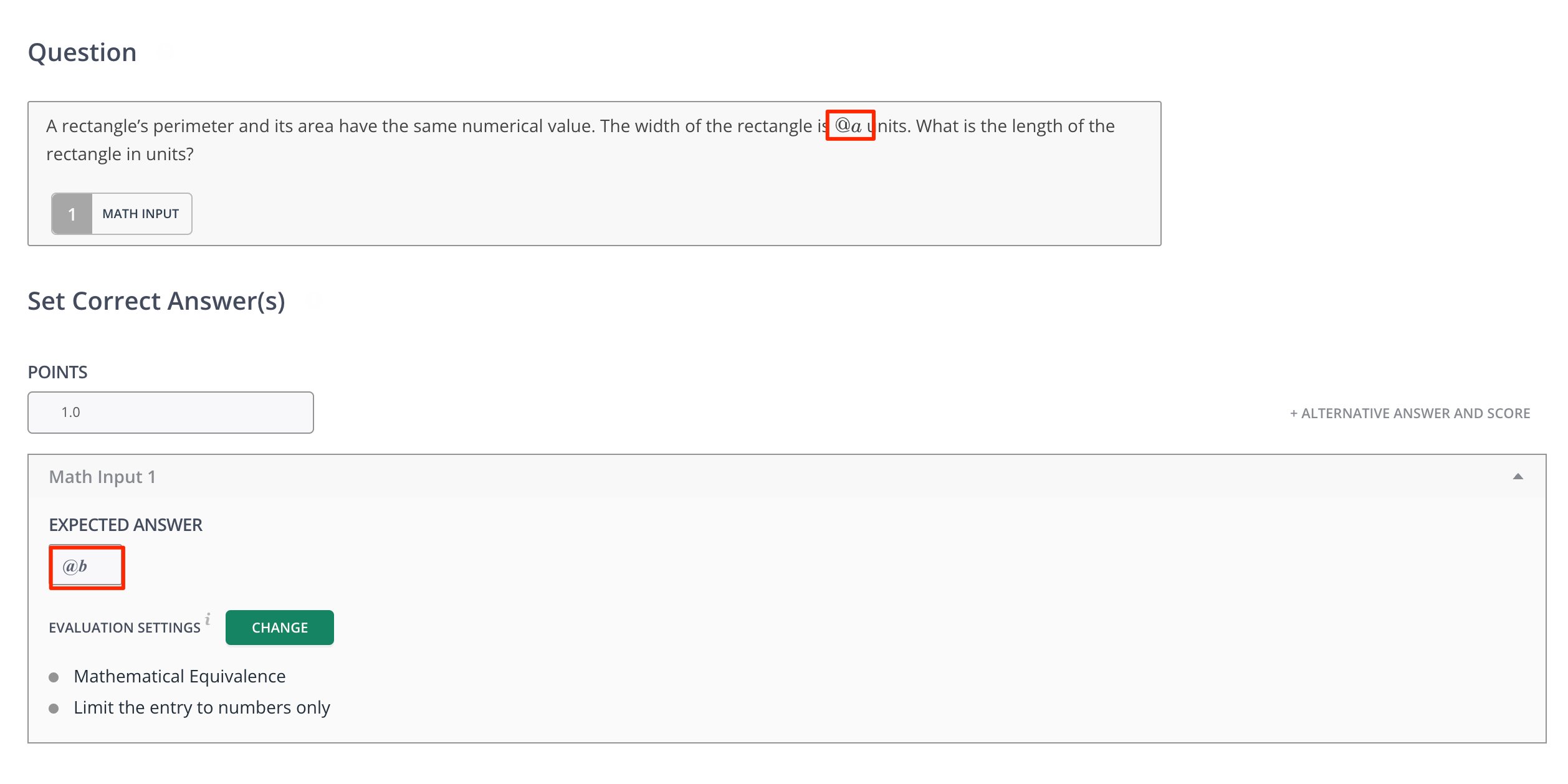 Example of variables used in a math question.