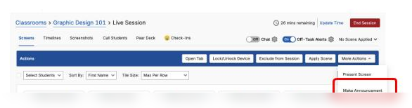 GoGuardian Teacher Command Bar with the More Actions menu open and Make Announcement called out