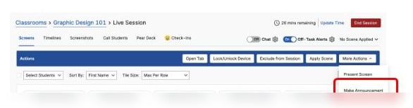 GoGuardian Teacher Command Bar with the More Actions menu open and Make Announcement called out