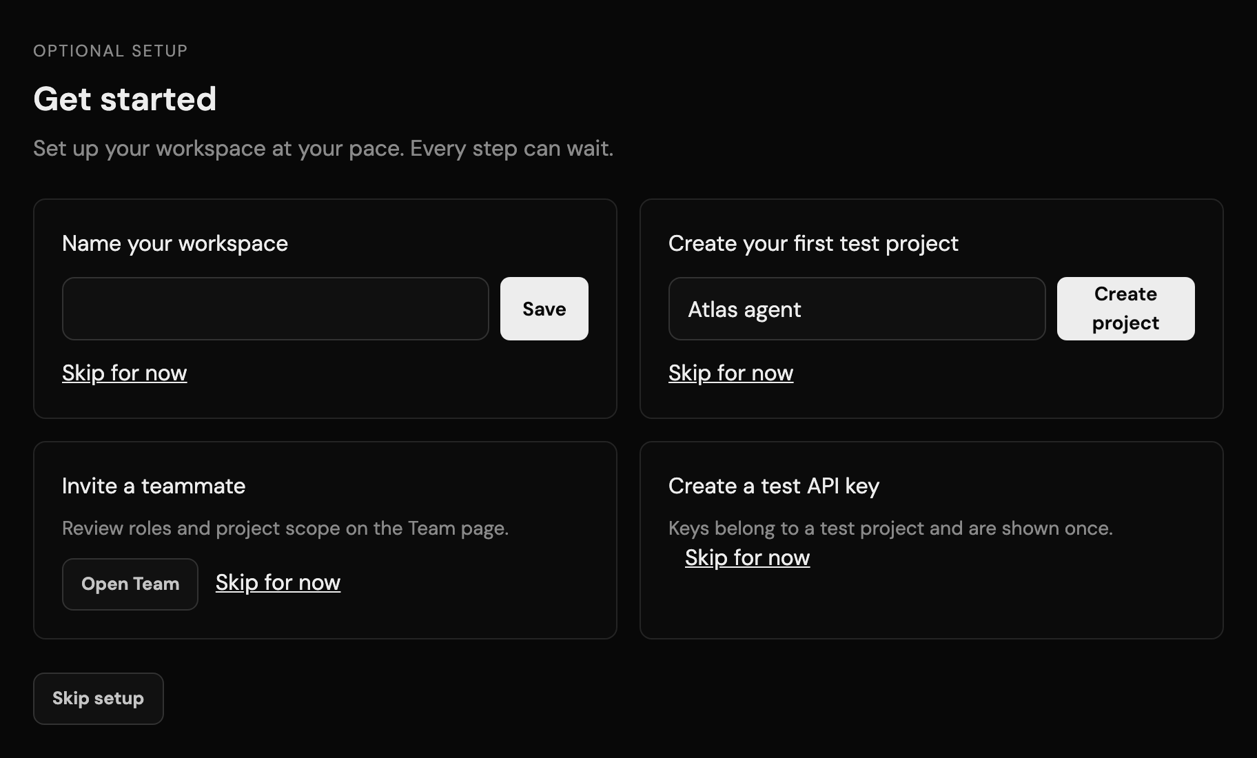 Get started checklist with workspace naming, first test project, invitation, and API key steps
