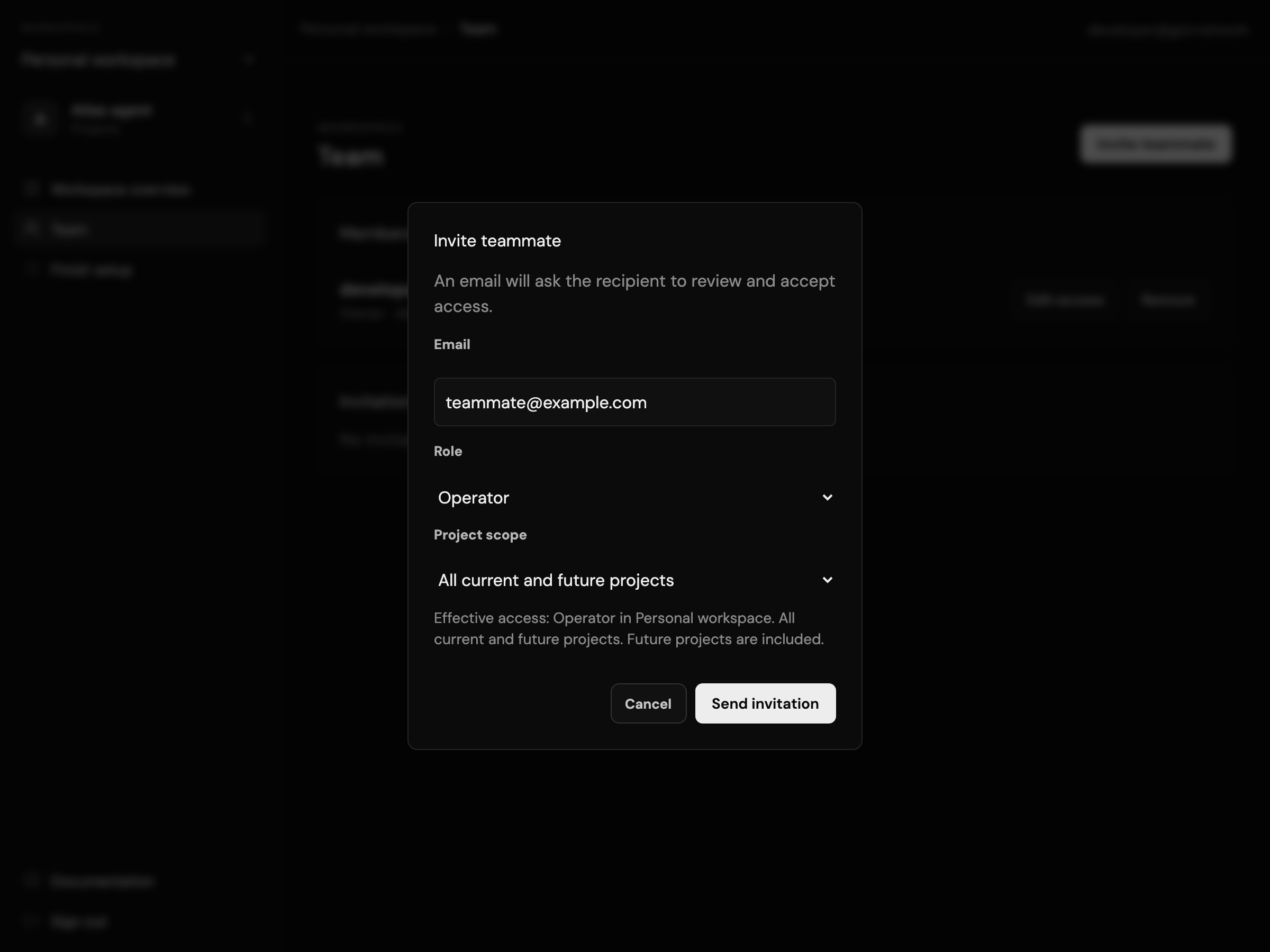 Invite teammate dialog showing Operator access to all current and future projects
